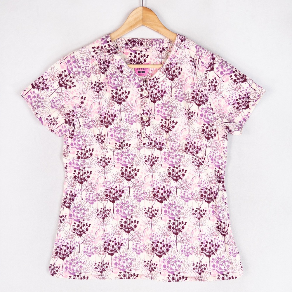 Dansko Womens Scrub Top Small Purple Pink Floral Gloria Empire Waist Medical